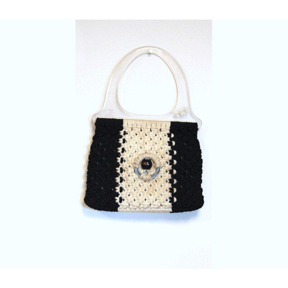 Macrame purse, black white, 1970s purse, lucite handle, Accento Craft USA, boho purse, handmade purse