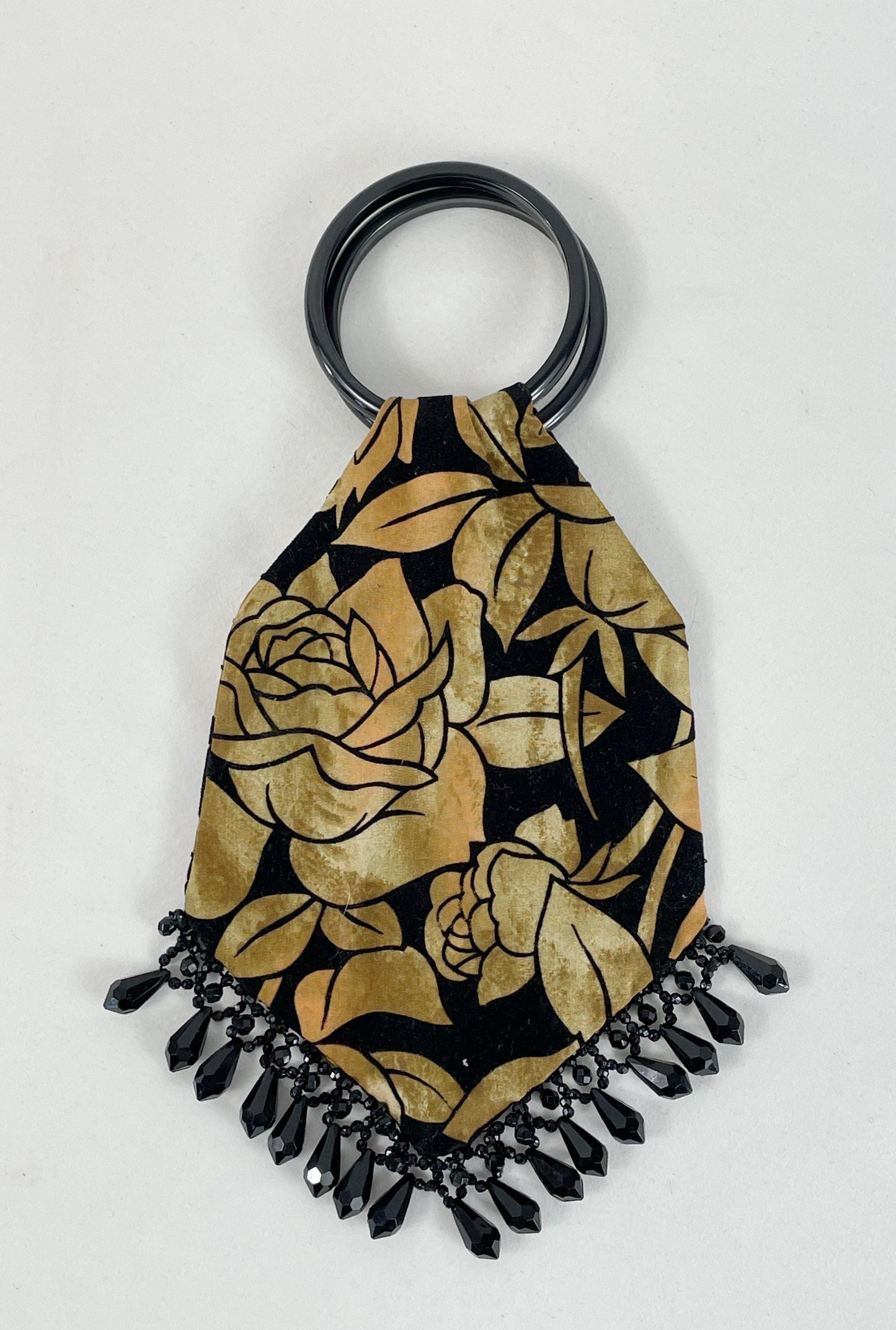 1960s velvet pouch purse evening bag with beaded tassels black gold roses