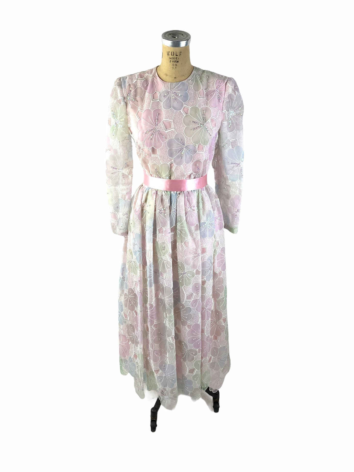 1980s pastel floral sequin tea length sheer dress by Richilene size M