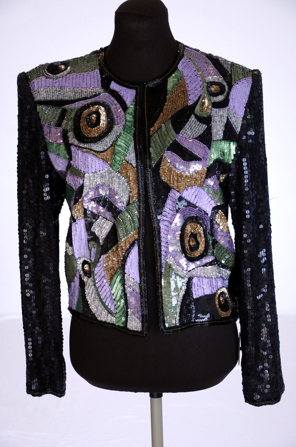 Vintage sequin jacket evening wear by Judith Ann Creations 1980s black abstract multicolor art to wear