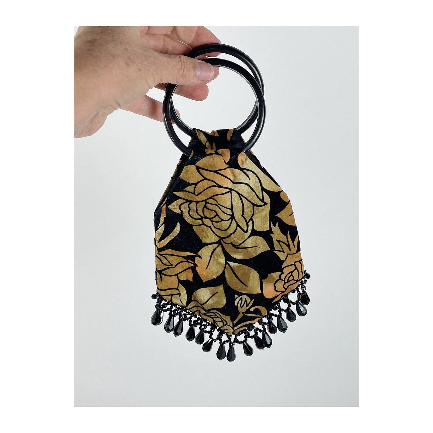 1960s velvet pouch purse evening bag with beaded tassels black gold roses