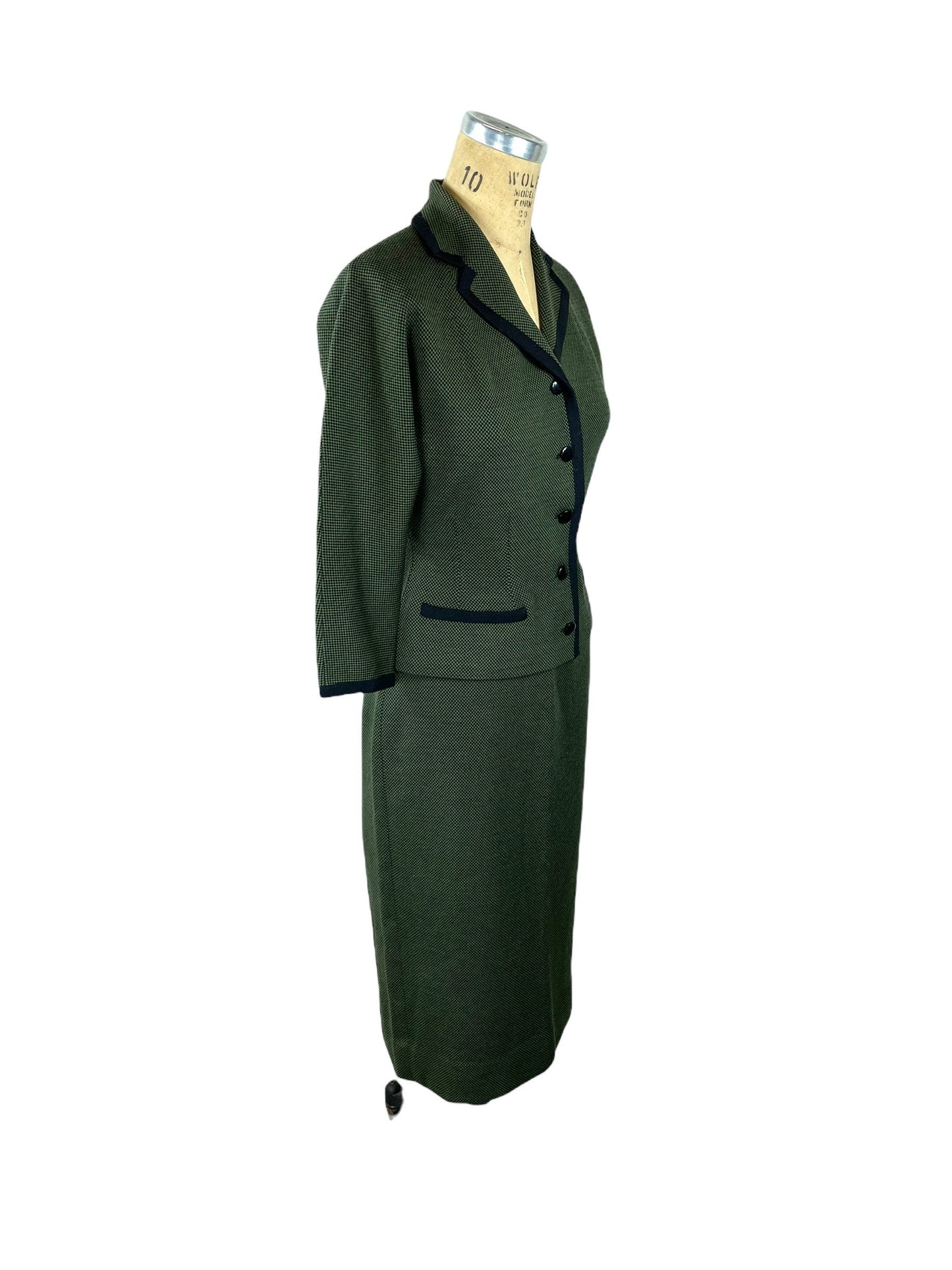 1950s wool suit green black checked Made in France Size S