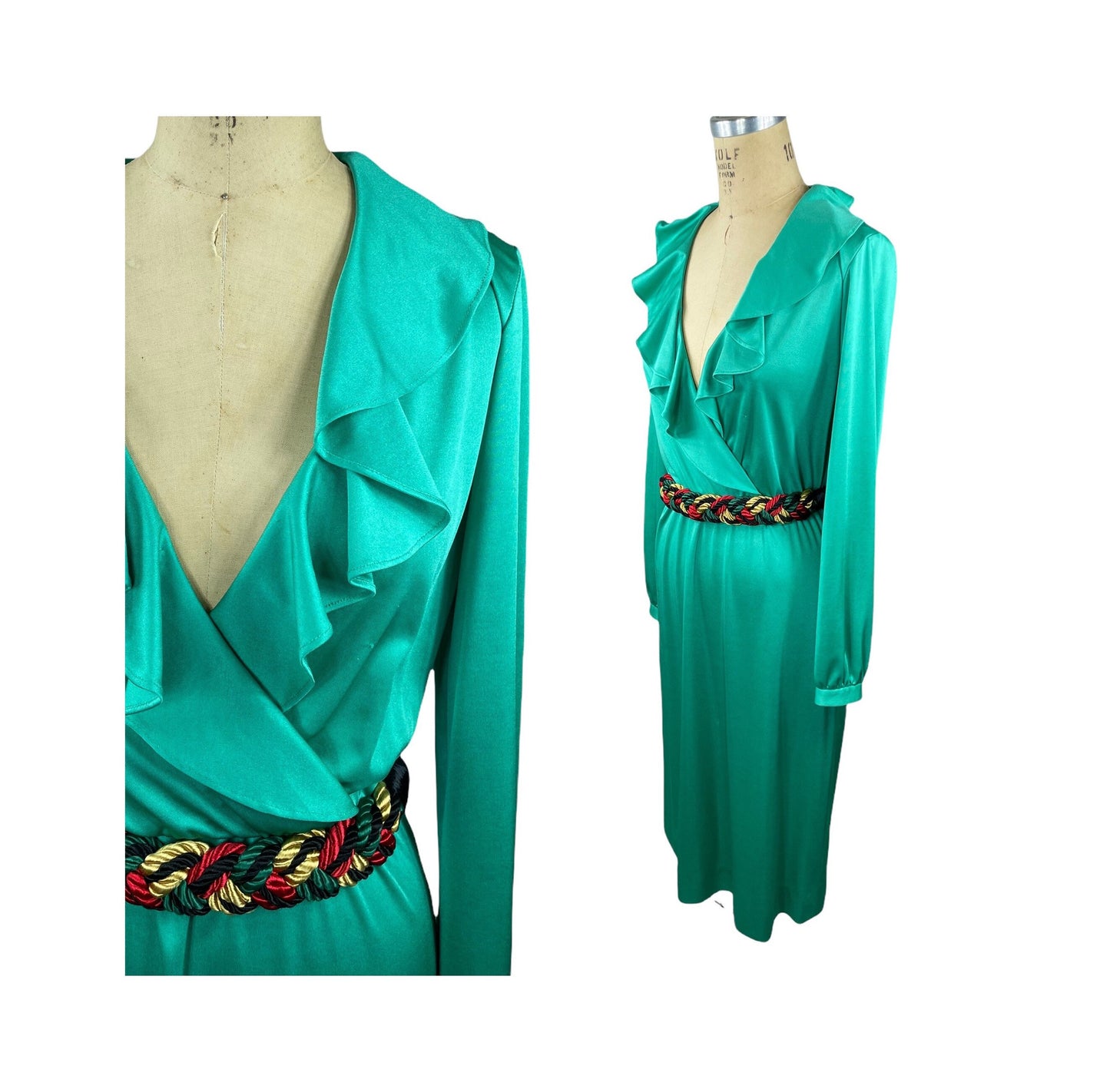 1970s silky green wrap dress with ruffled collar by Young Traditions Size M