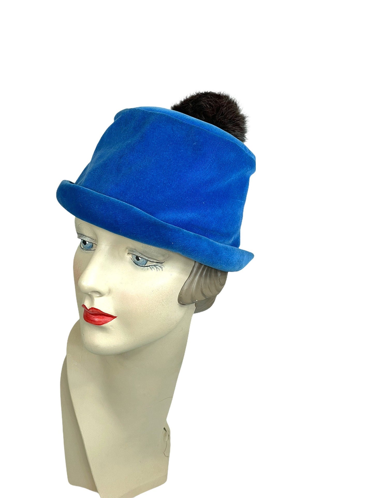 1960s blue velvet hat with mink pom pom Size 21
