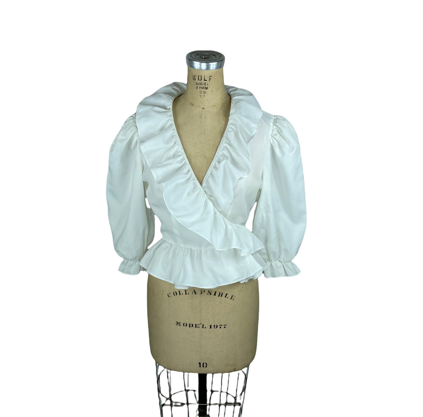1980s white wrap blouse with ruffles and puffed sleeves Size M/L