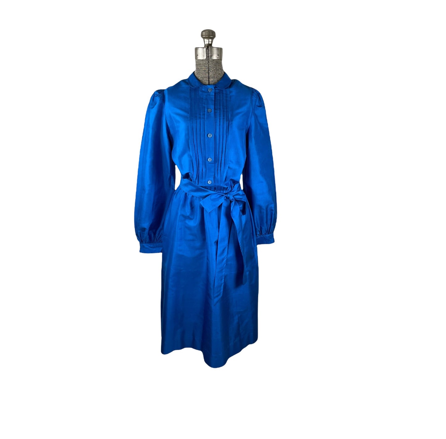 1980s silk shirtwaist dress royal blue with pleated bodice and tie belt Size S/M