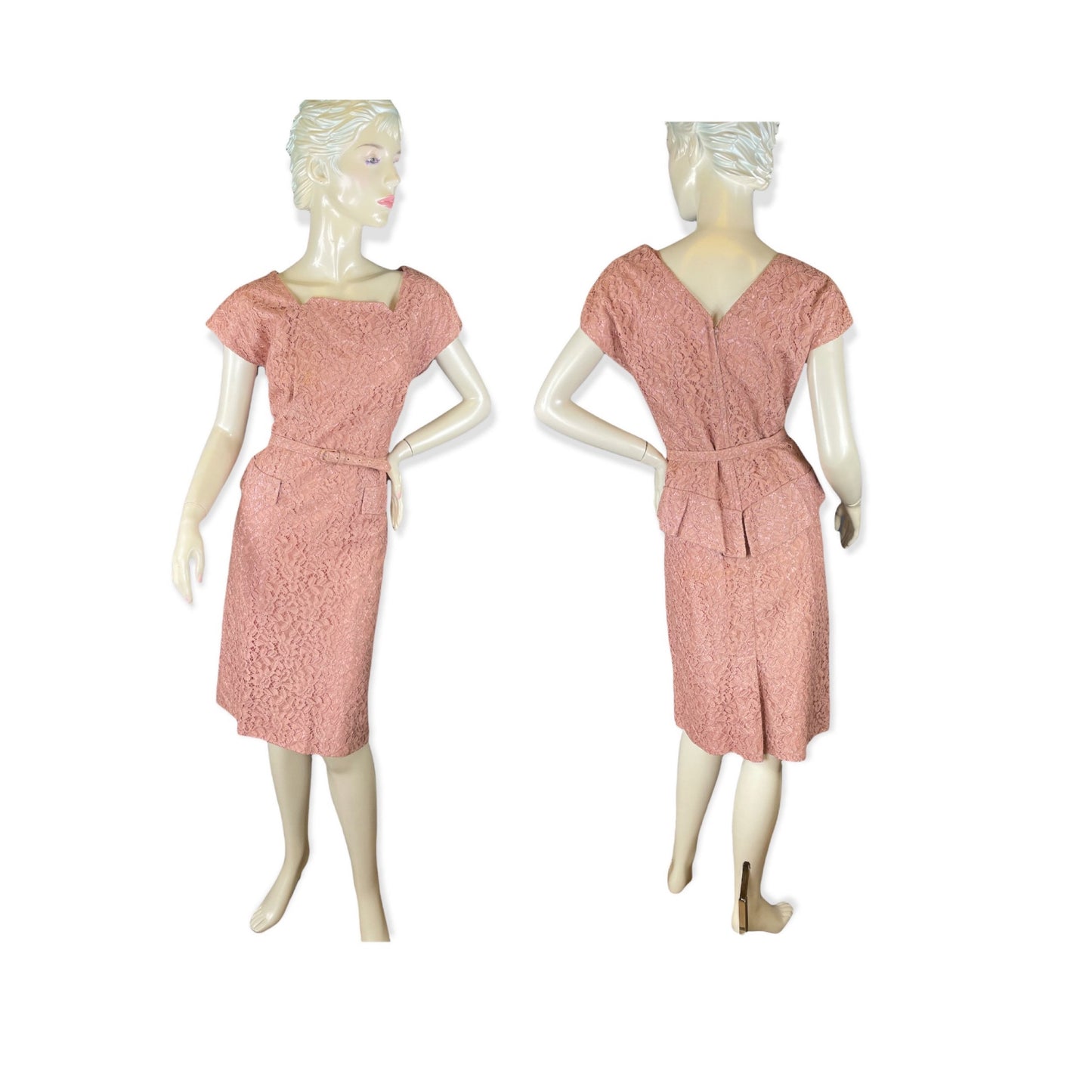 1950s Chantilly lace peplum dress in mauve pink by Joe Richman Size L