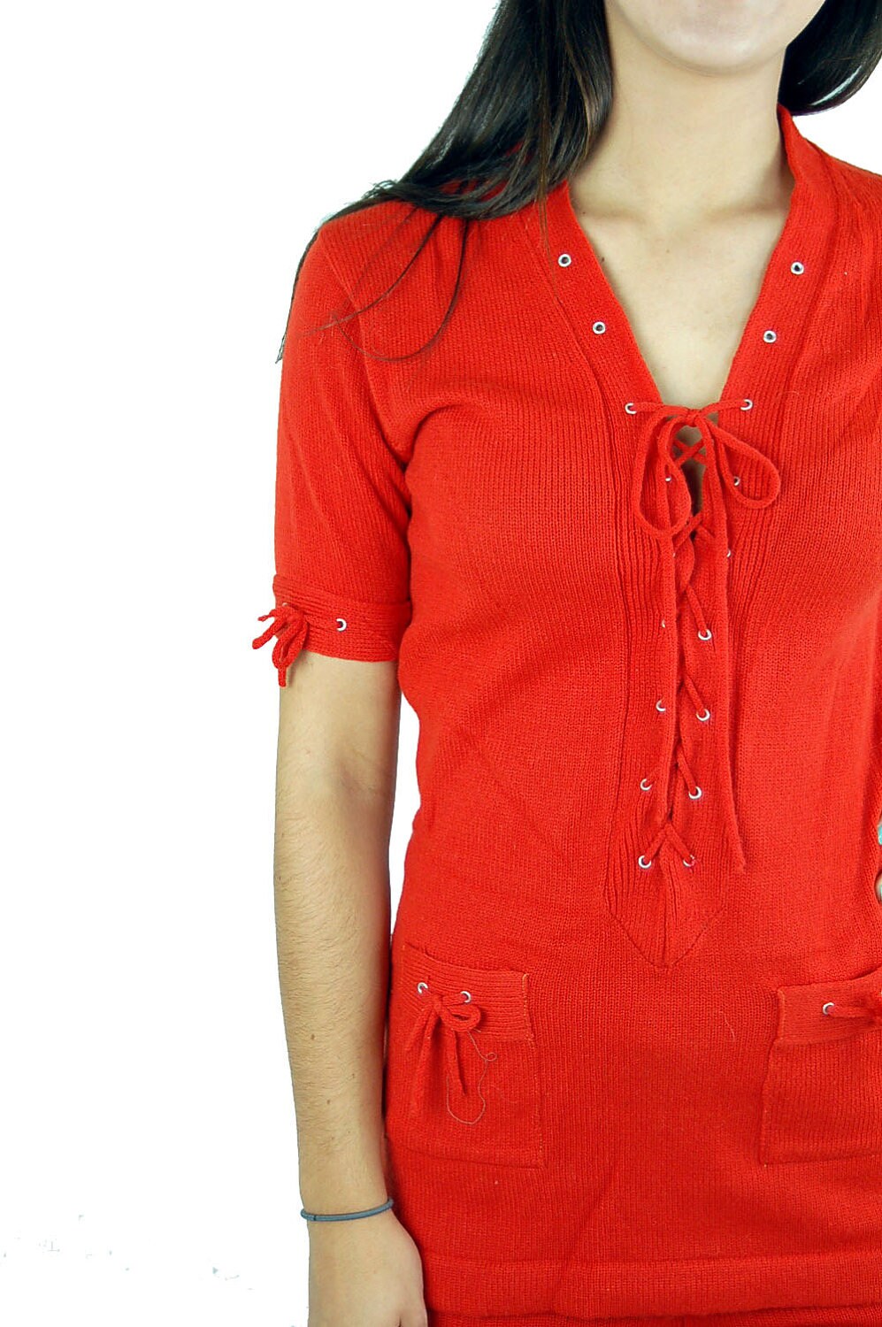 1970s sweater boho tunic top and pants, knit tunic and pants, red lace up top, Size M