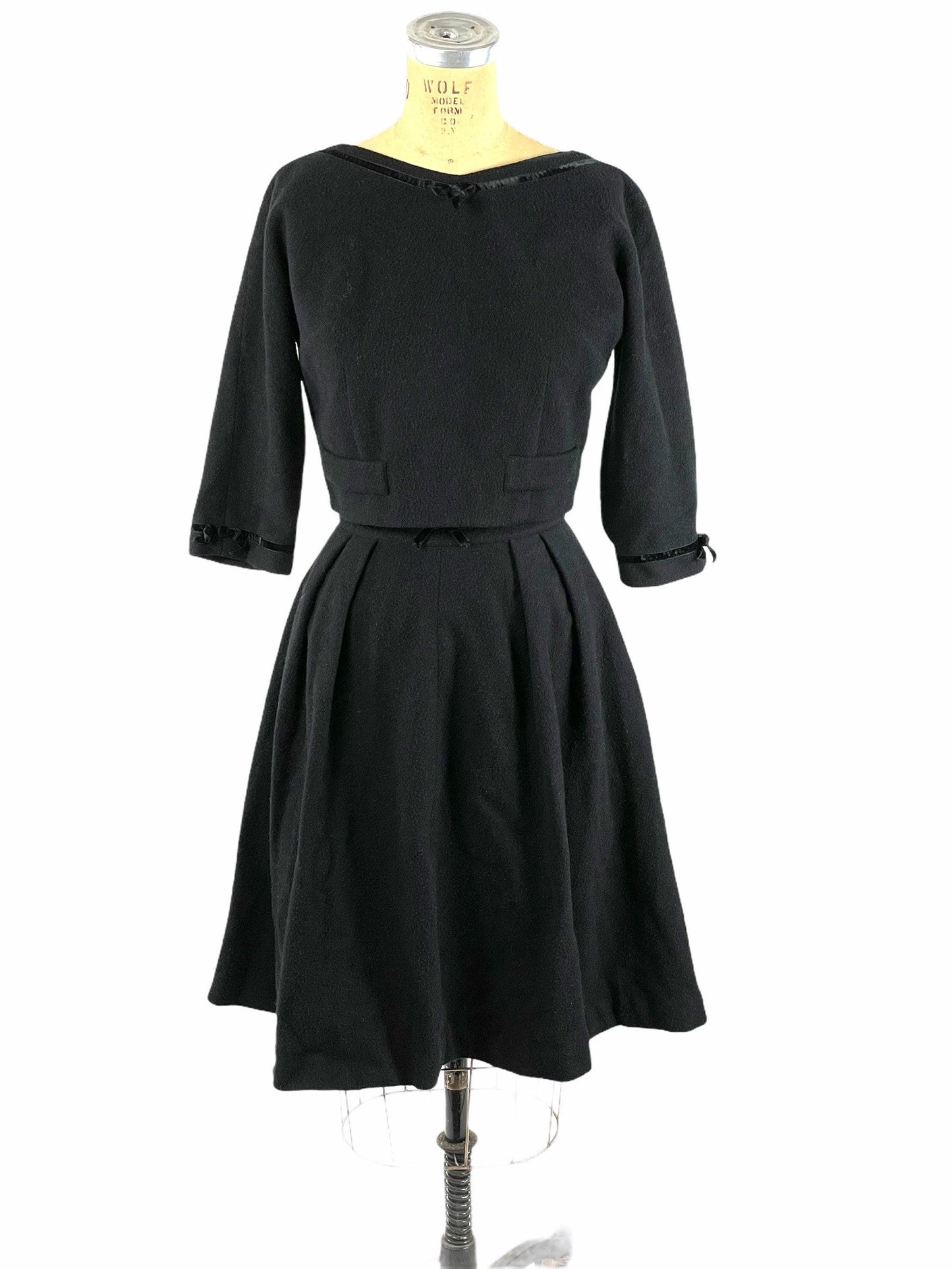 1960s black wool two piece skirt and crop top by Bobbie Brooks Size S/M