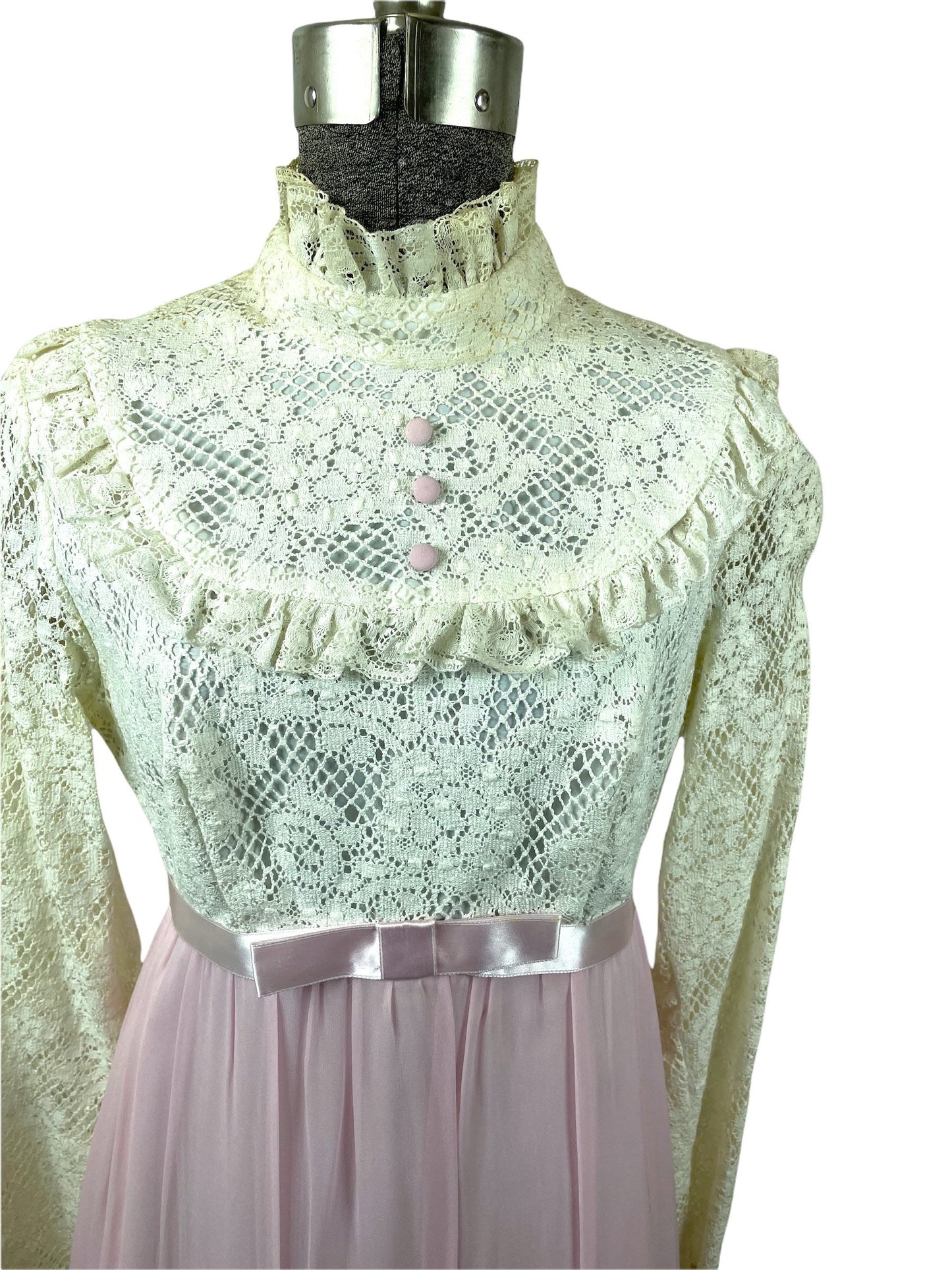 1960s lace and silk gown pink and white prairie style Size S