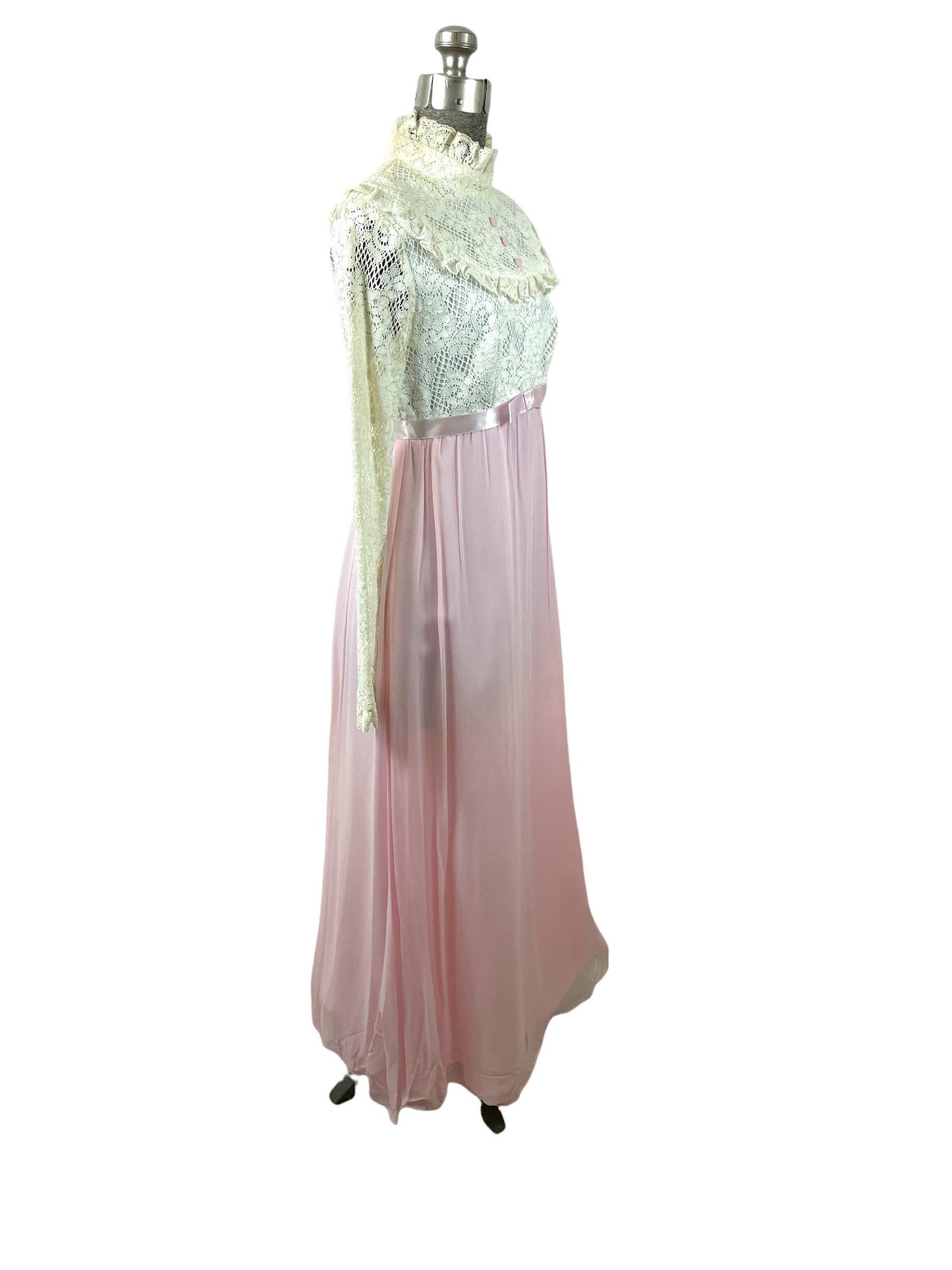 1960s lace and silk gown pink and white prairie style Size S