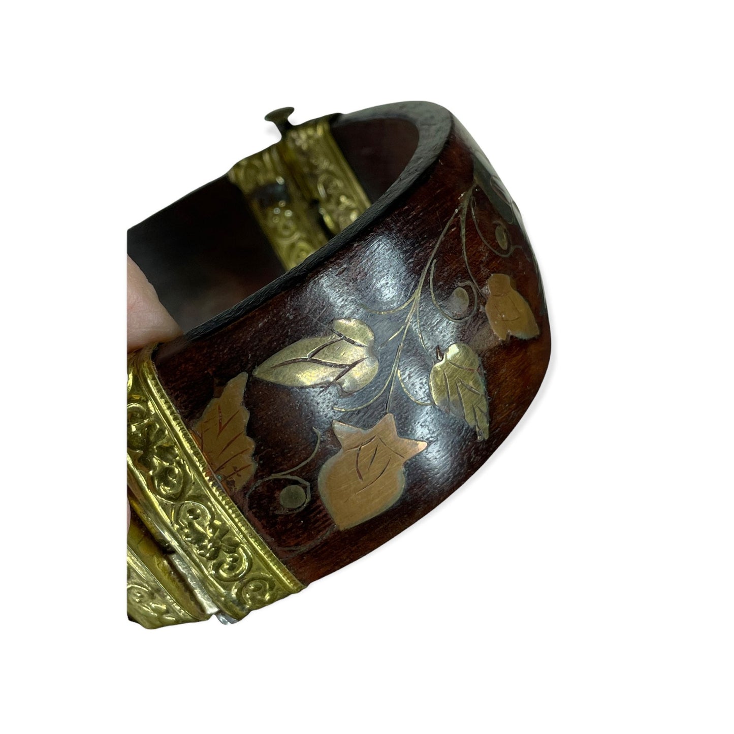 Wide wooden bangle bracelet with copper and brass floral inlay design