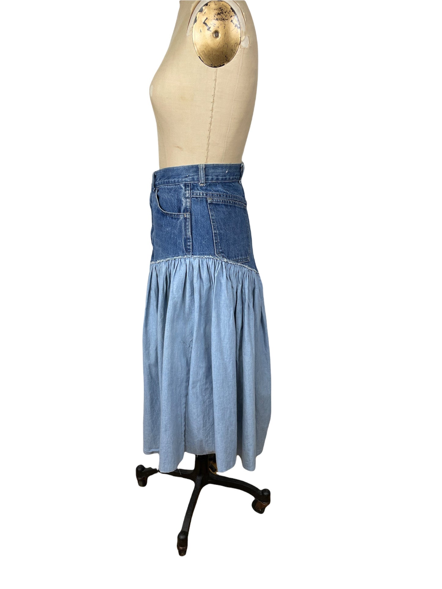 1980s 90s jean skirt upcycled Oscar De La Renta and Cesucci Size M