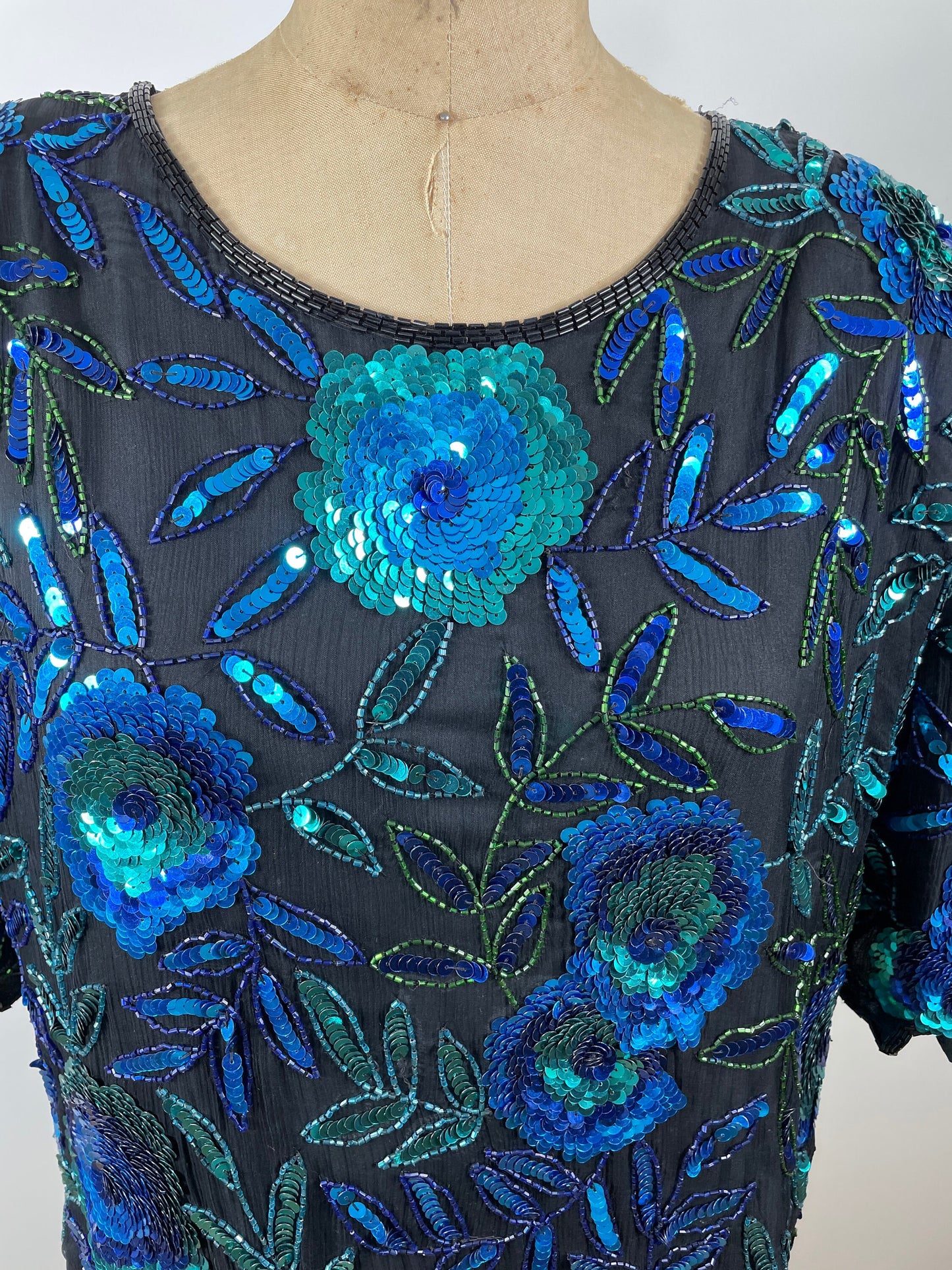 1980s sequin silk top blue teal black Size 2X Plus size by Laurence Kazar