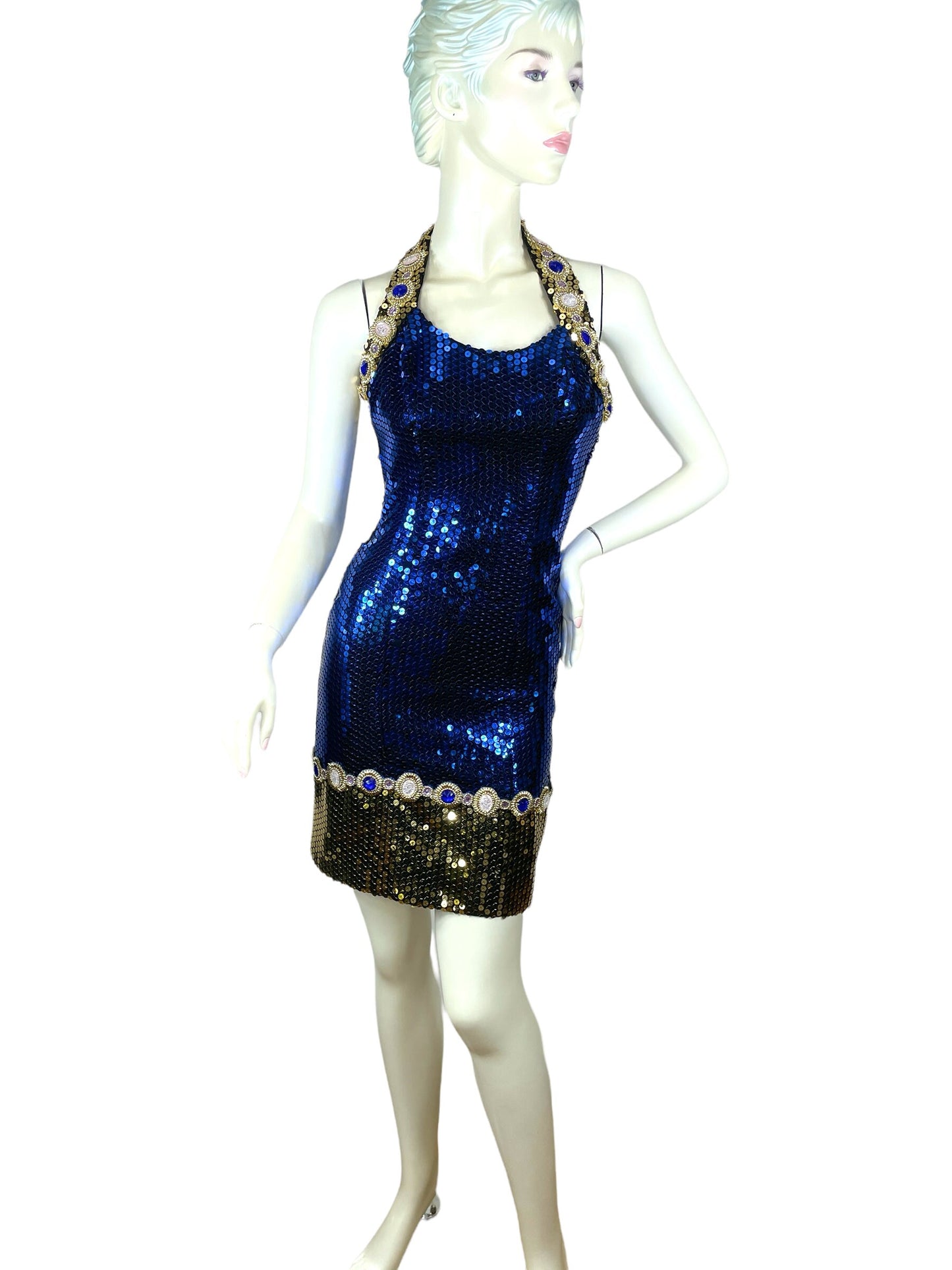 Sequin mini halter dress with jewels blue and gold by Alyce Designs Size XS/S