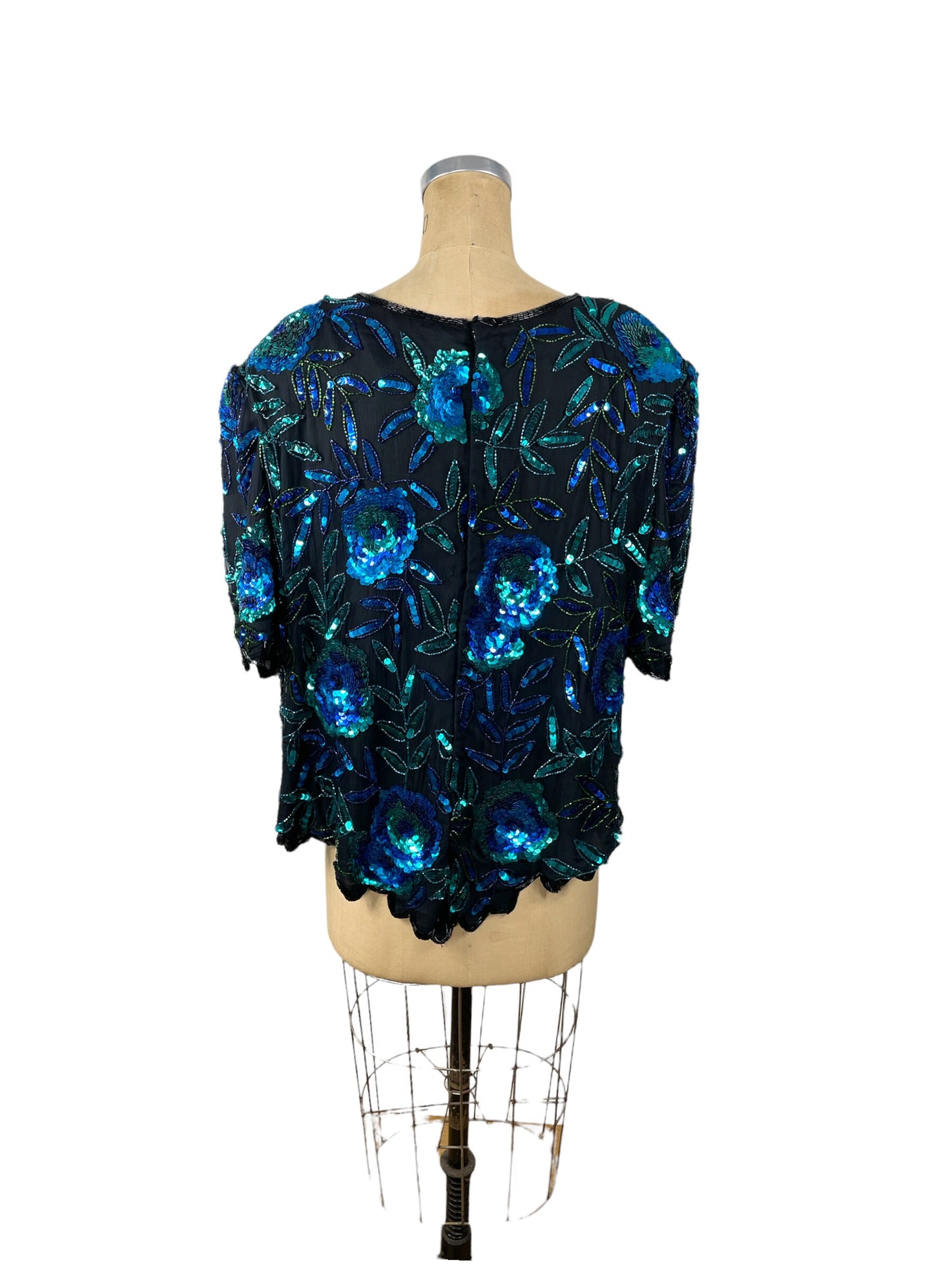 1980s sequin silk top blue teal black Size 2X Plus size by Laurence Kazar