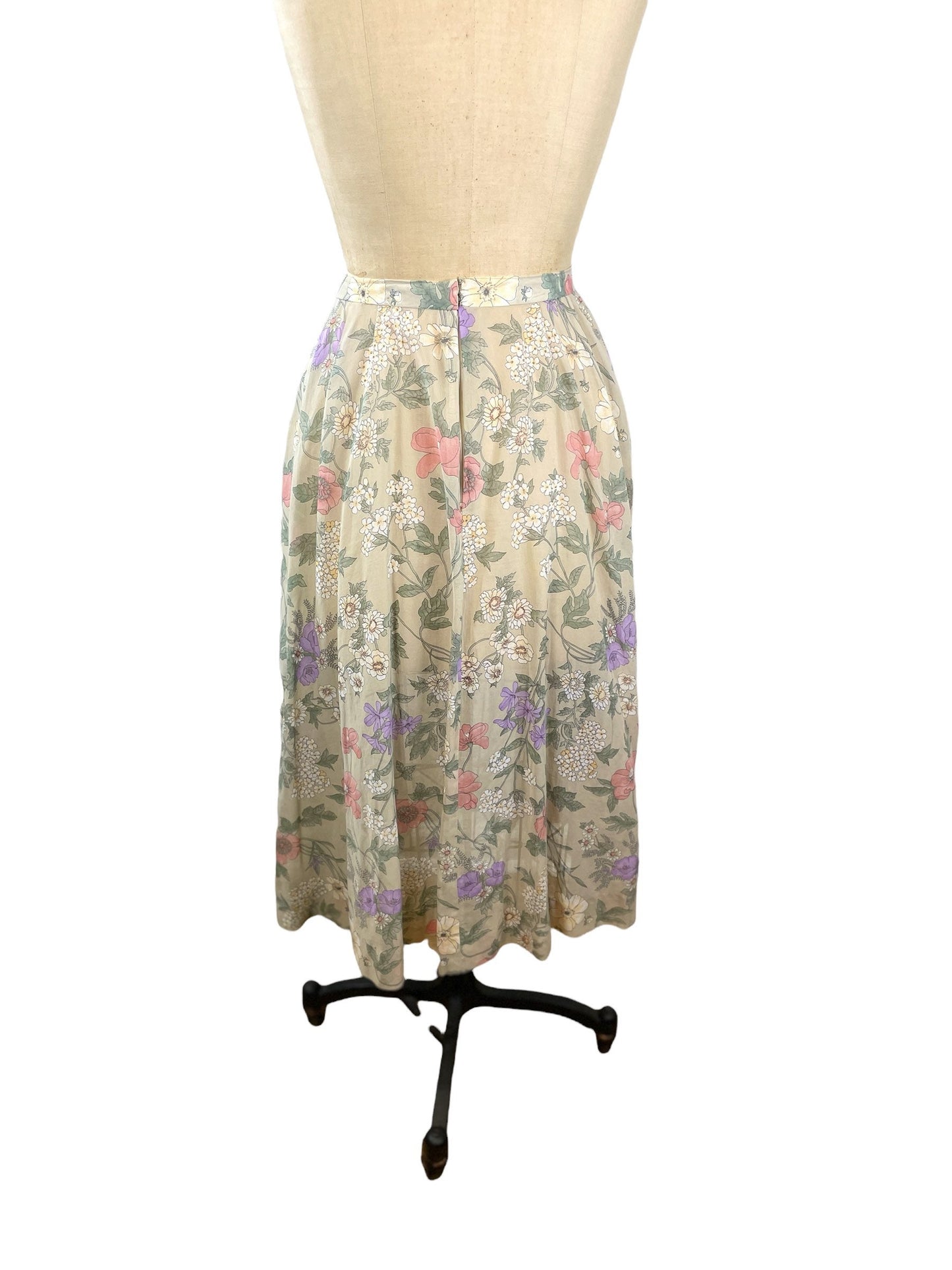 1980s 90s floral skirt pleated flowing semi-sheer Size M