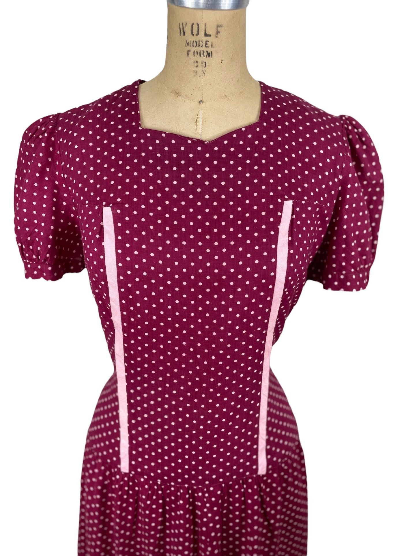 1930s cotton day dress maroon and pink polka dot print Size M