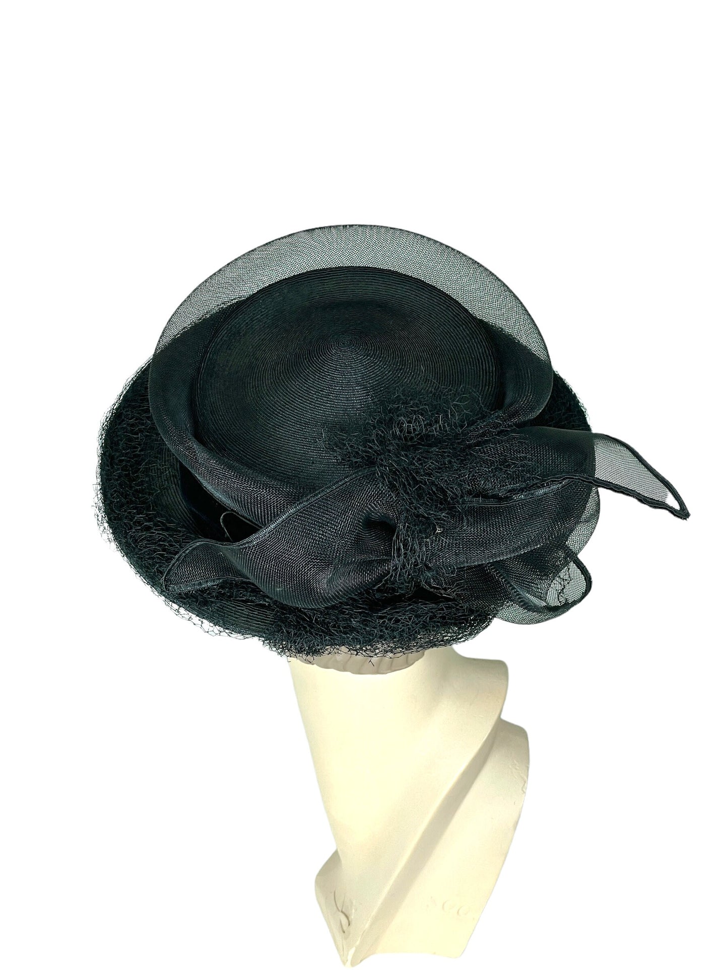 1930s black straw tilt hat with horse hair bow silk velvet band