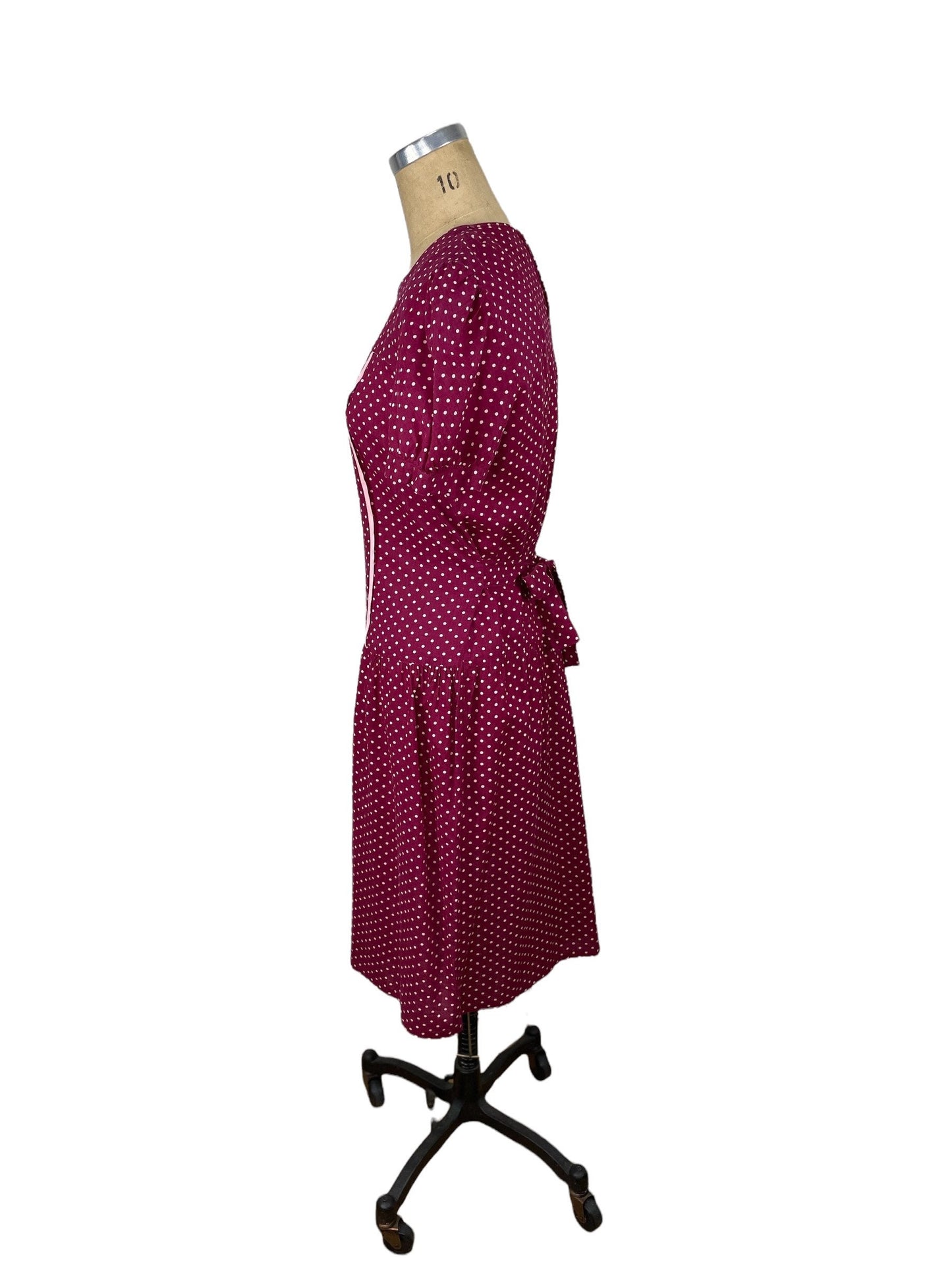 1930s cotton day dress maroon and pink polka dot print Size M