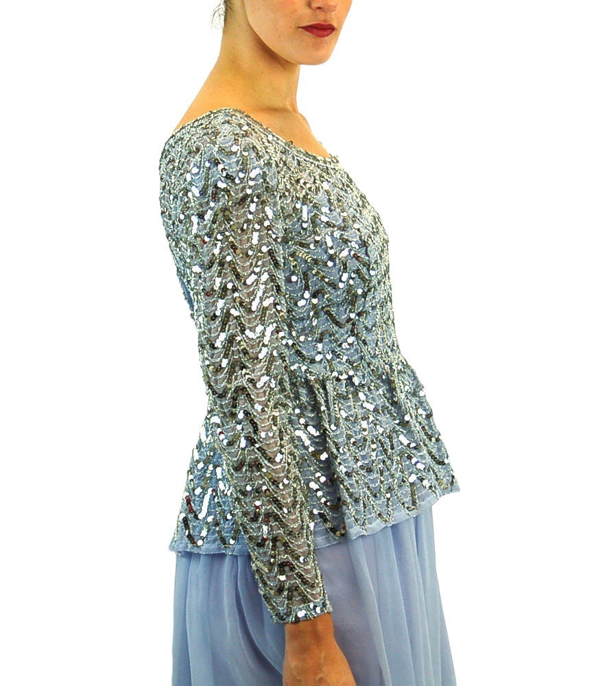 1970s formal gown lavender chiffon sequins peplum top long dress double layer sheer chiffon Size S