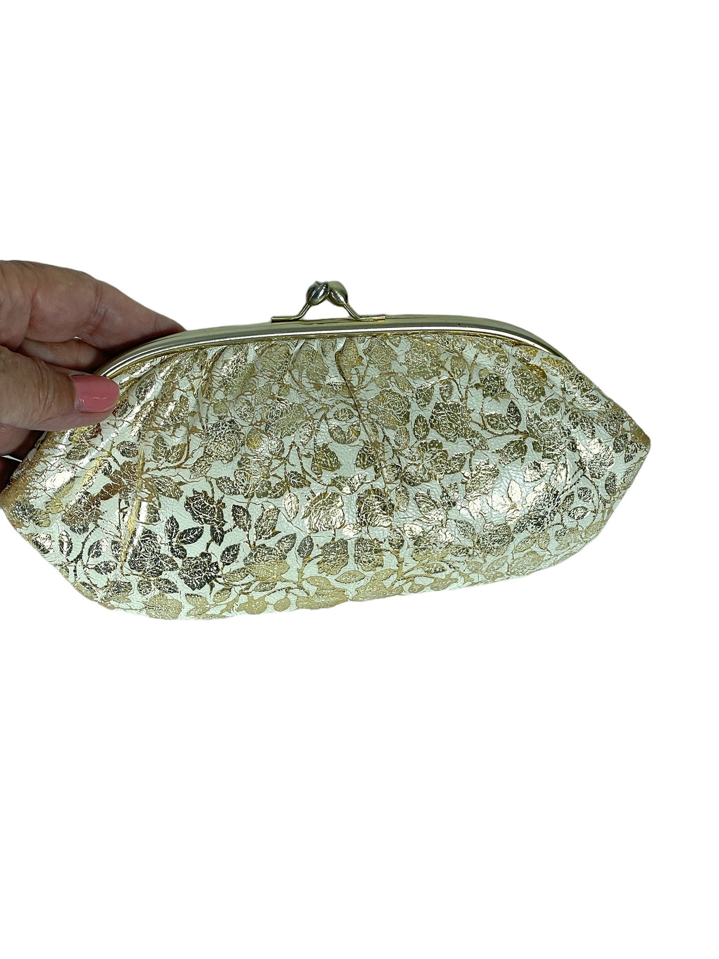 1950s/60s leather clutch with gold roses on white by Delill Made in Italy