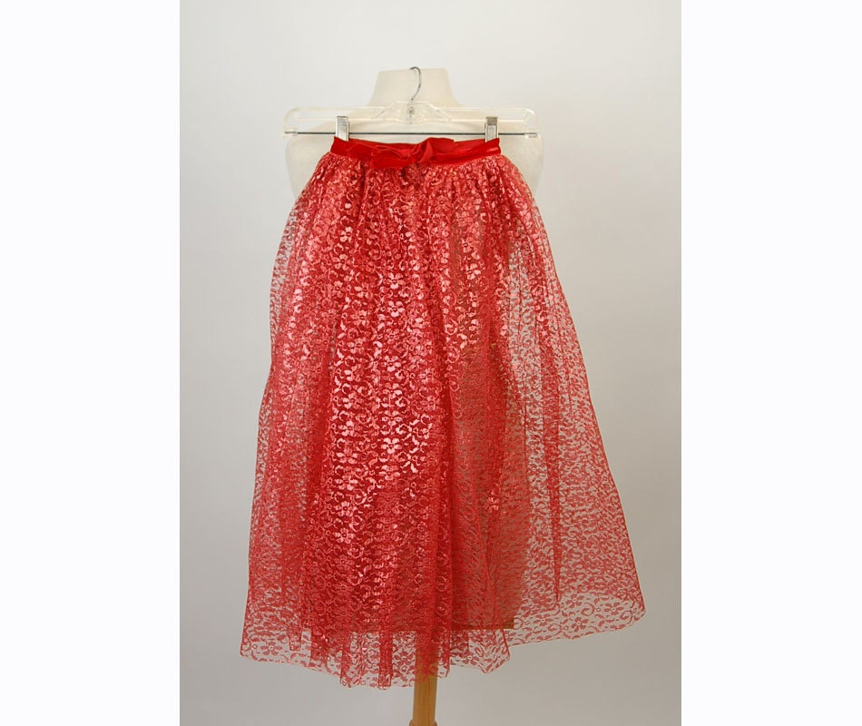 1950s red lace skirt tea length skirt, Size XS/ Child skirt