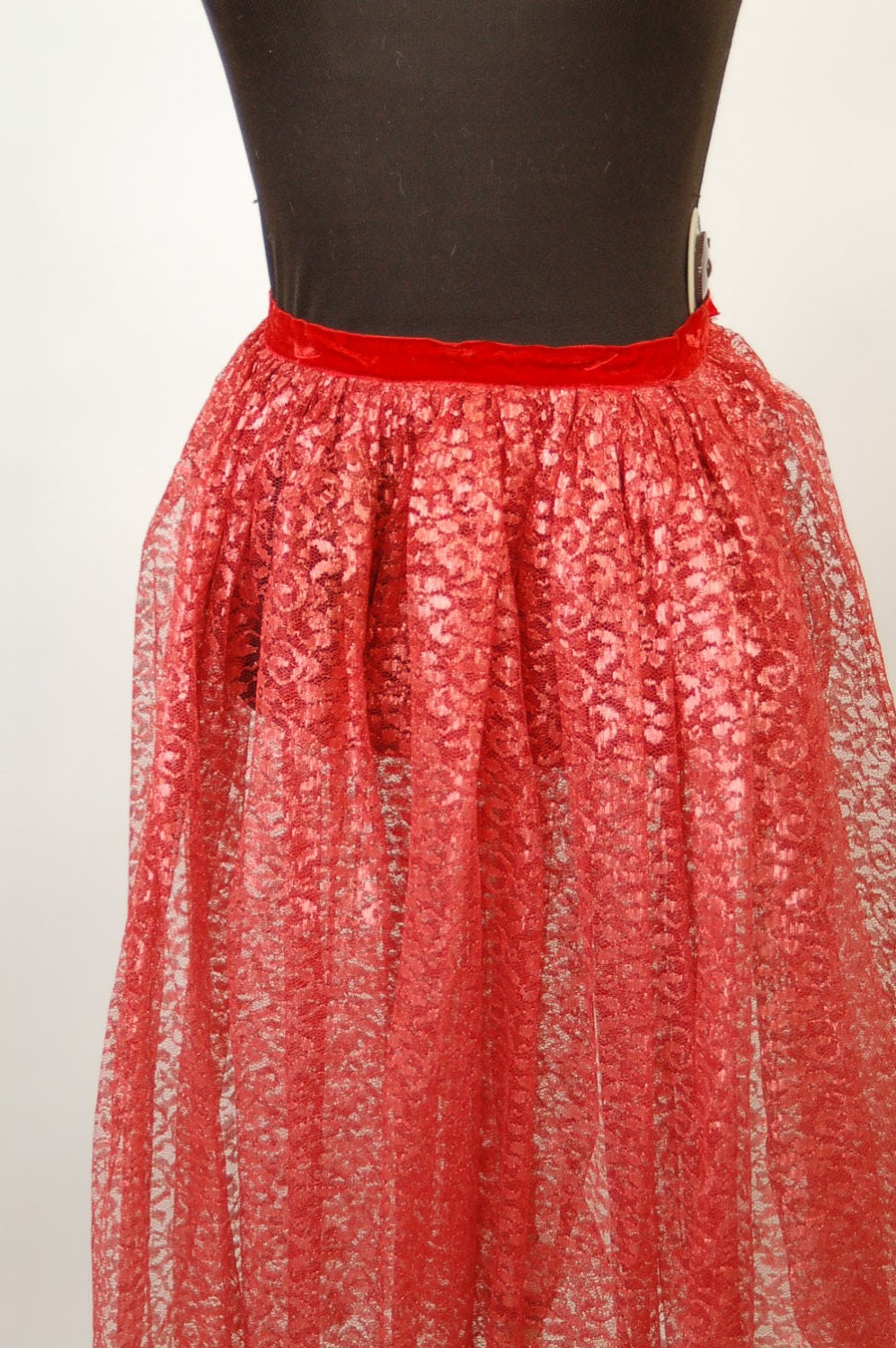 1950s red lace skirt tea length skirt, Size XS/ Child skirt