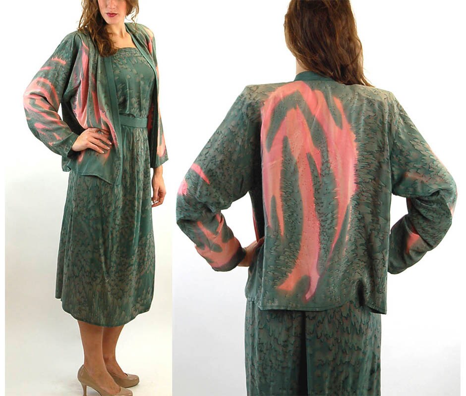 1980s skirt and jacket hand painted silk green pink three piece set Artacious by Dana Roman Size S/M